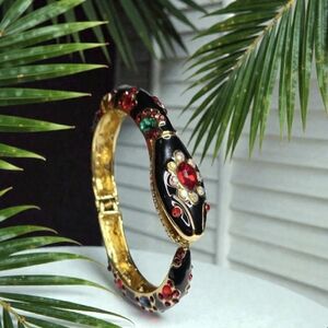 Insane Chunky Gold Black Enamel Crystal Jeweled Snake Bangle Hinged Bracelet